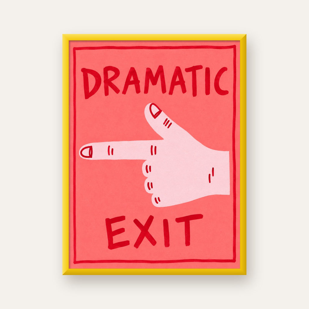 Mizahi 'Dramatic Exit' El Çizimi Poster – Modern Duvar Dekoru — sarı çerçeveli
