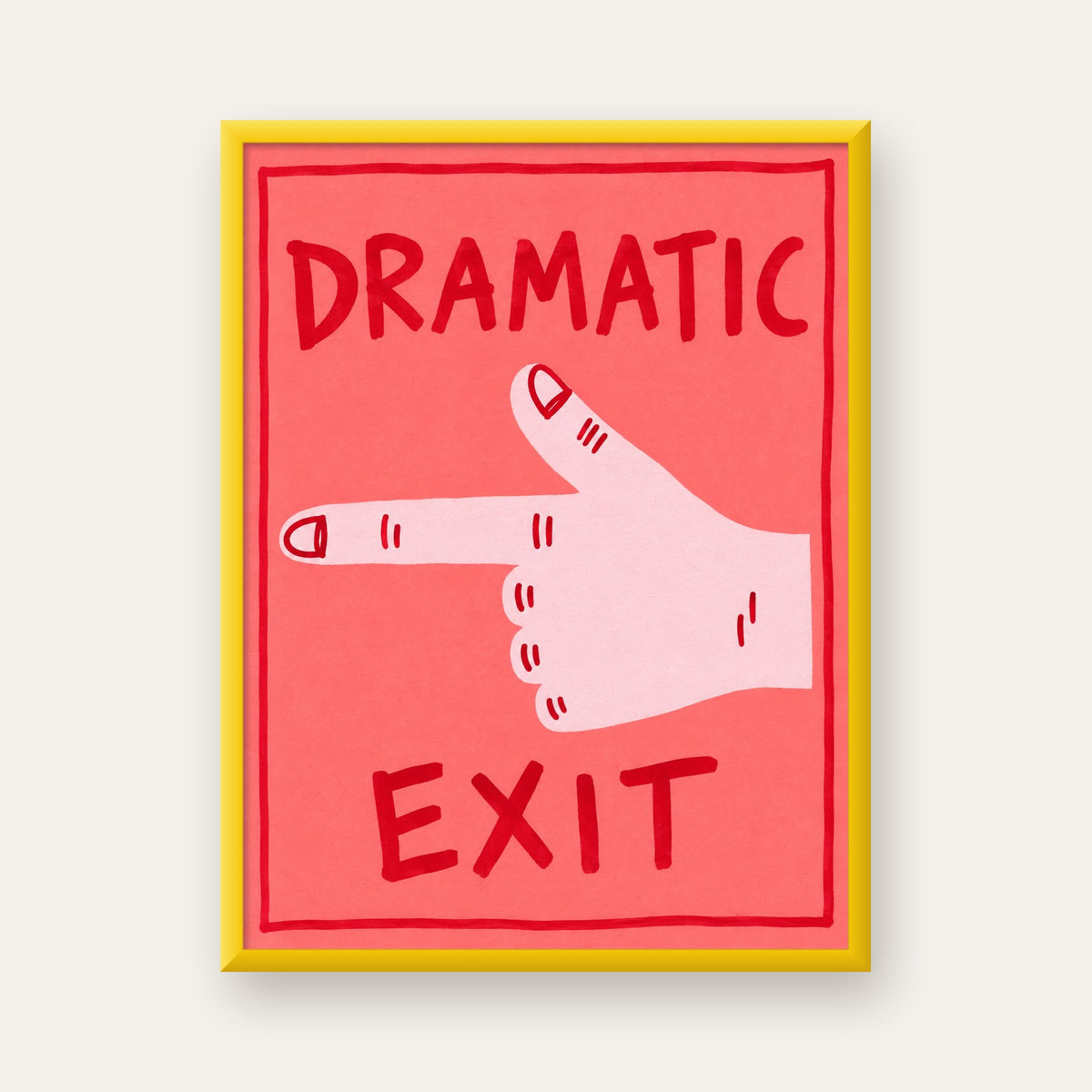 Mizahi 'Dramatic Exit' El Çizimi Poster – Modern Duvar Dekoru — sarı çerçeveli