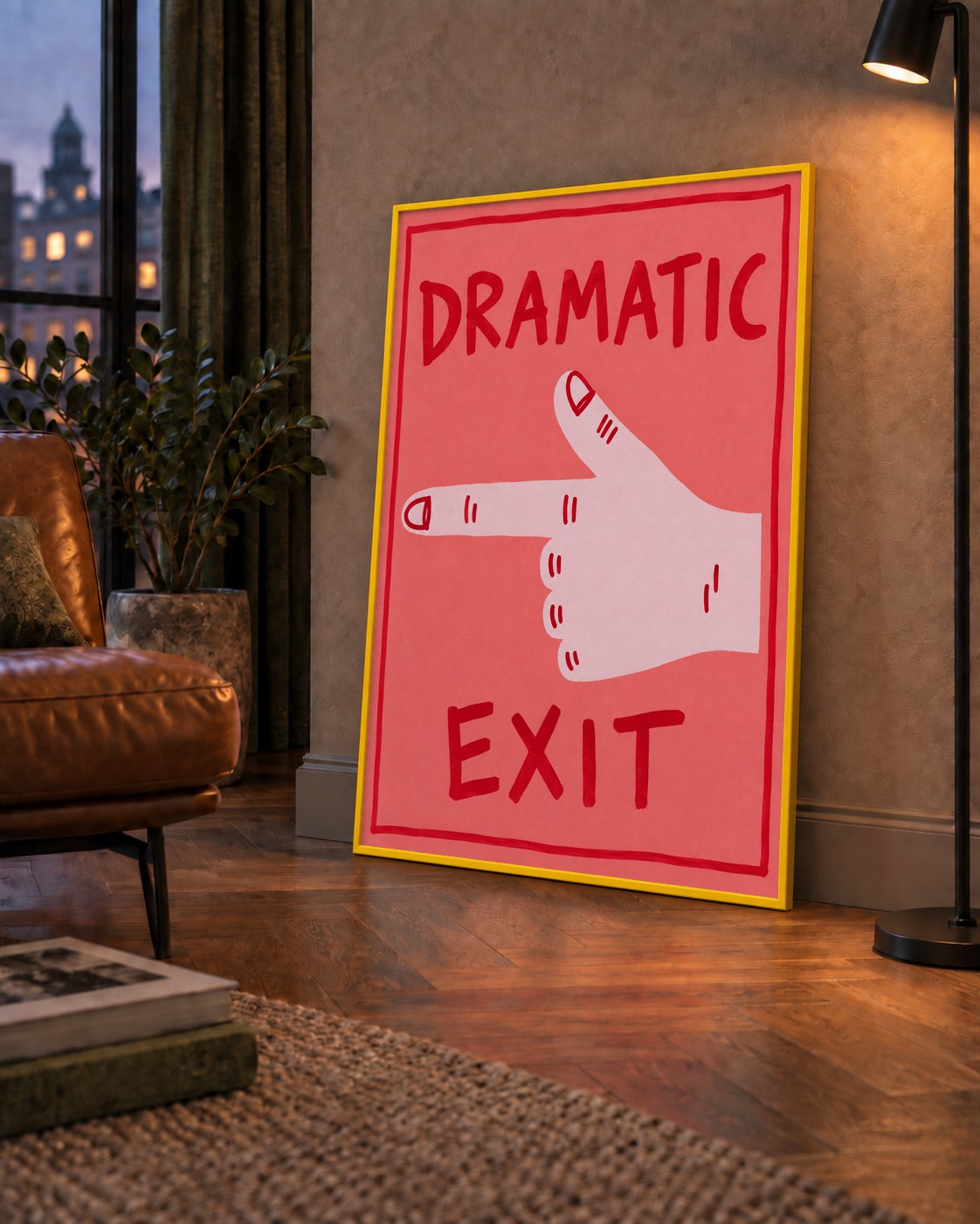 Mizahi 'Dramatic Exit' El Çizimi Poster – Modern Duvar Dekoru — çerçeveli hâliyle bir ev duvarında