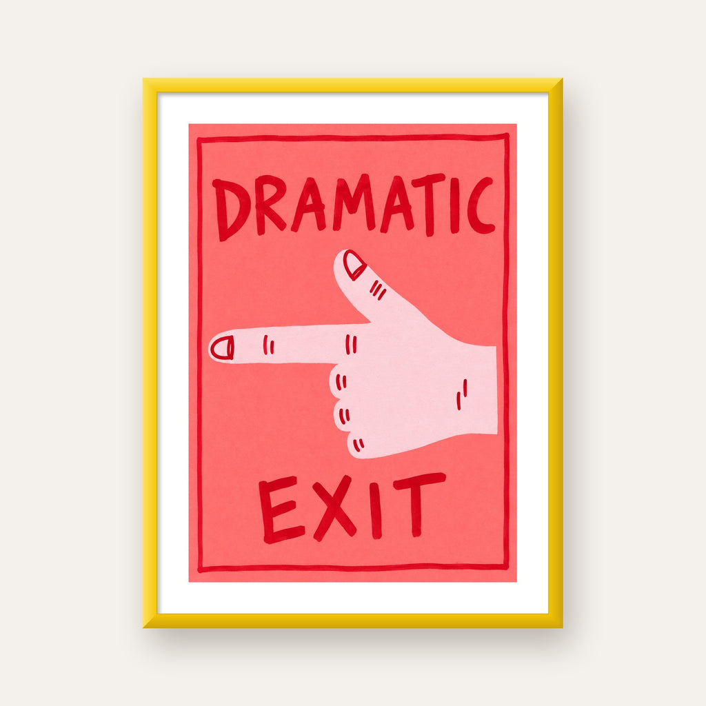 Mizahi 'Dramatic Exit' El Çizimi Poster – Modern Duvar Dekoru — sarı çerçeveli paspartulu