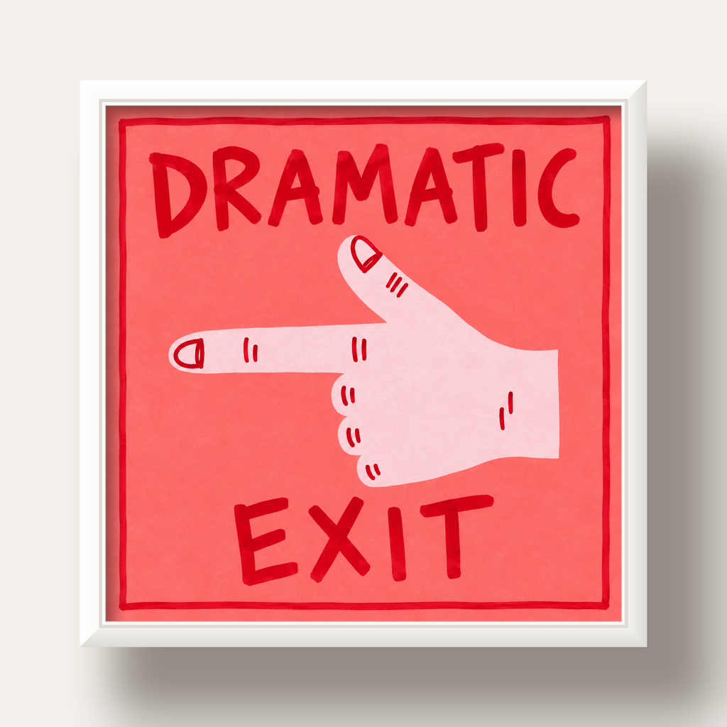 Mizahi 'Dramatic Exit' El Çizimi Poster – Modern Duvar Dekoru — beyaz derin çerçeveli