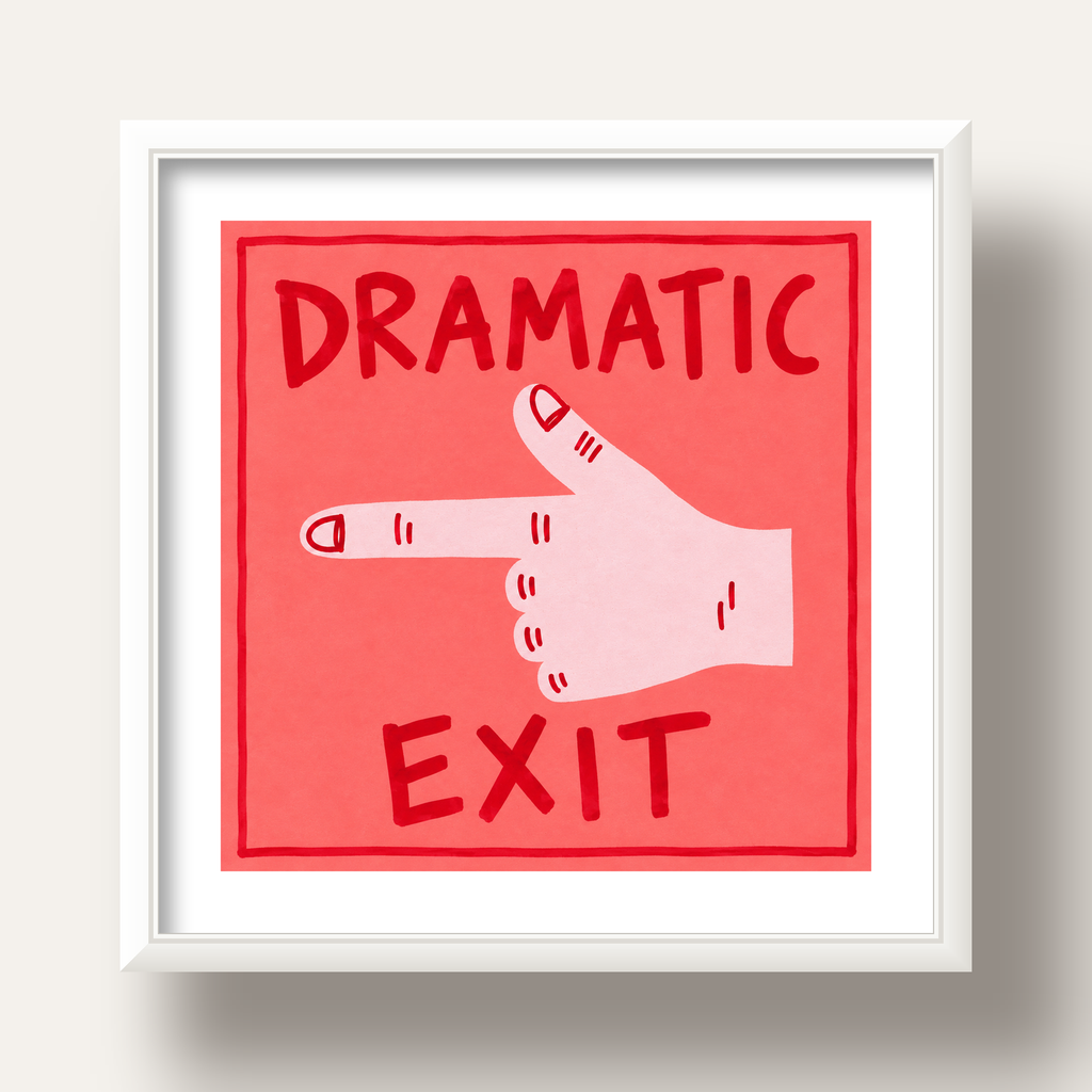 Mizahi 'Dramatic Exit' El Çizimi Poster – Modern Duvar Dekoru — beyaz derin çerçeveli paspartulu