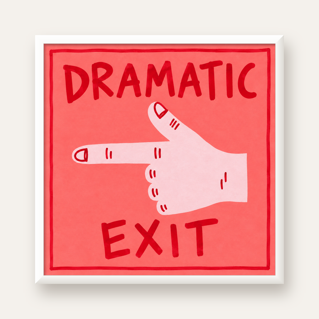 Mizahi 'Dramatic Exit' El Çizimi Poster – Modern Duvar Dekoru — beyaz çerçeveli kare poster