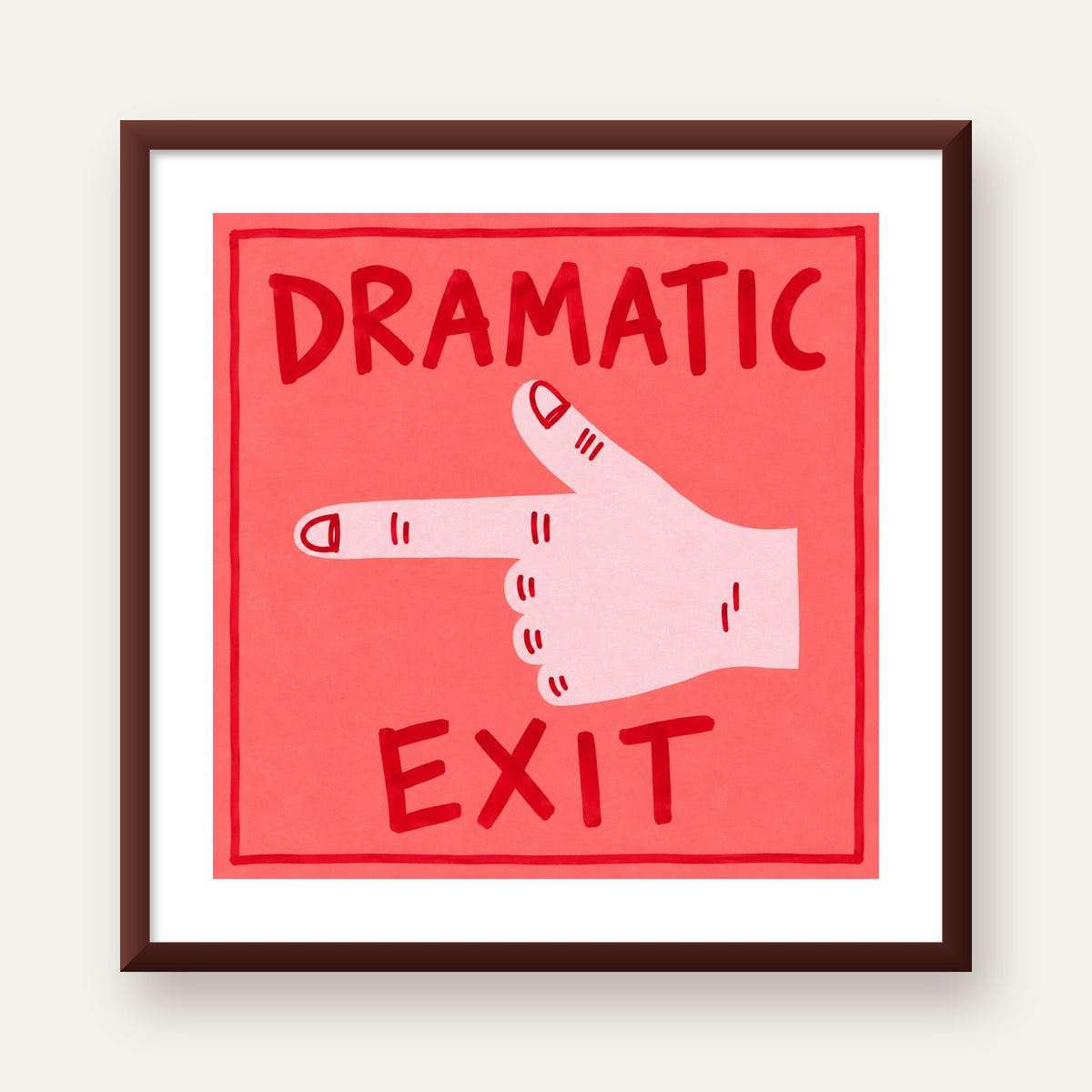 Mizahi 'Dramatic Exit' El Çizimi Poster – Modern Duvar Dekoru — ceviz çerçeveli paspartulu