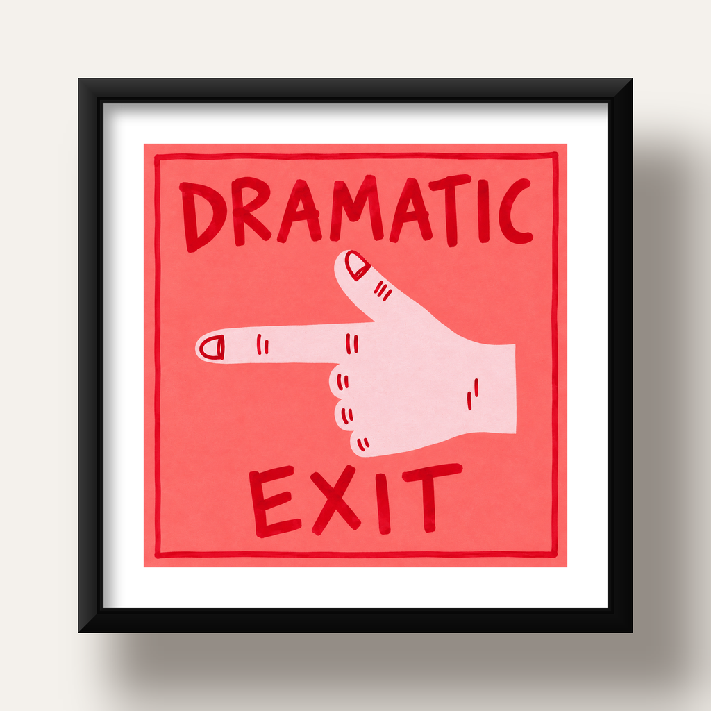 Mizahi 'Dramatic Exit' El Çizimi Poster – Modern Duvar Dekoru — siyah derin çerçeveli paspartulu