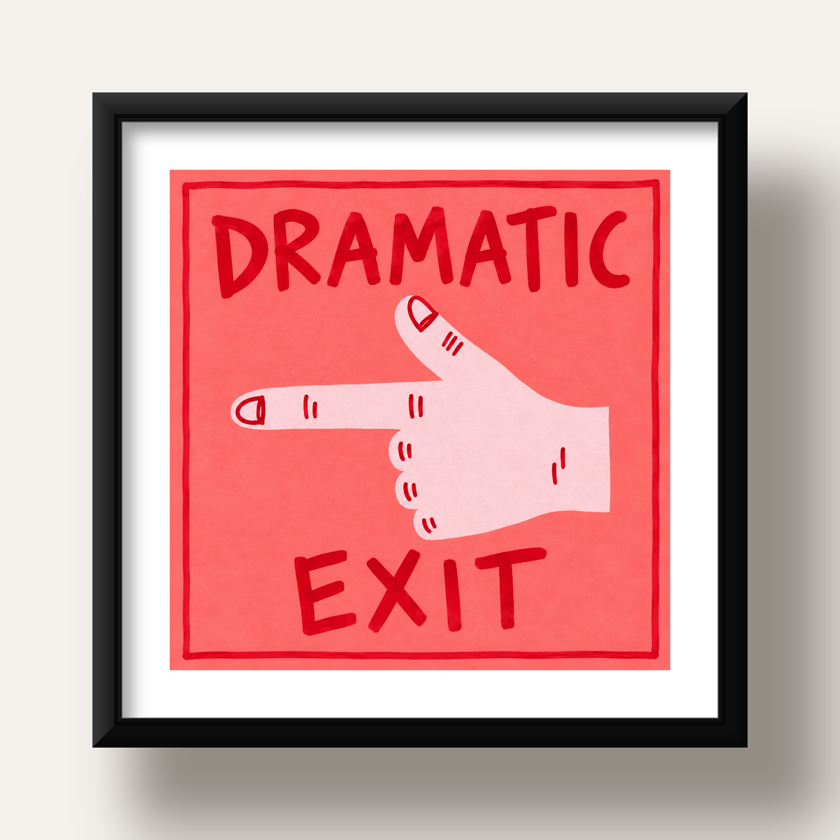 Mizahi 'Dramatic Exit' El Çizimi Poster – Modern Duvar Dekoru — siyah derin çerçeveli paspartulu