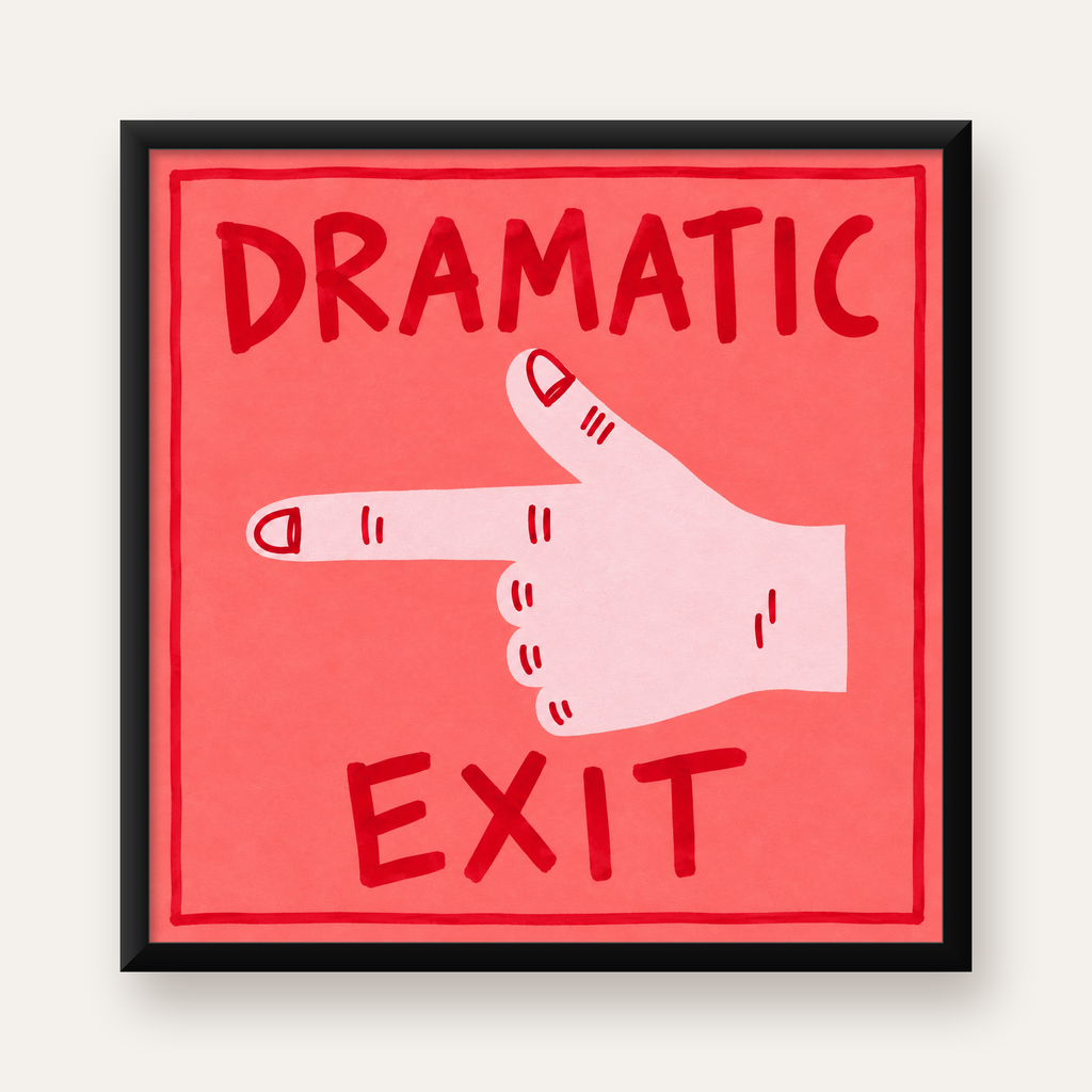 Mizahi 'Dramatic Exit' El Çizimi Poster – Modern Duvar Dekoru — Kare baskı, düz siyah çerçeveli duvar posteri