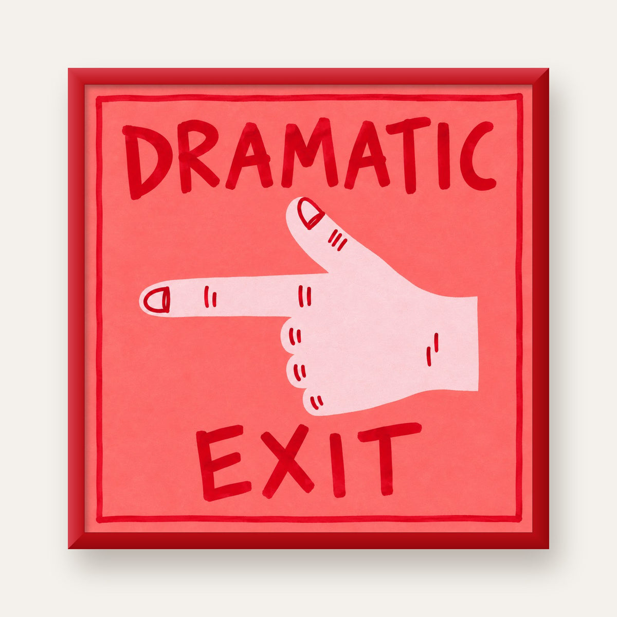 Mizahi 'Dramatic Exit' El Çizimi Poster – Modern Duvar Dekoru — kırmızı çerçeveli