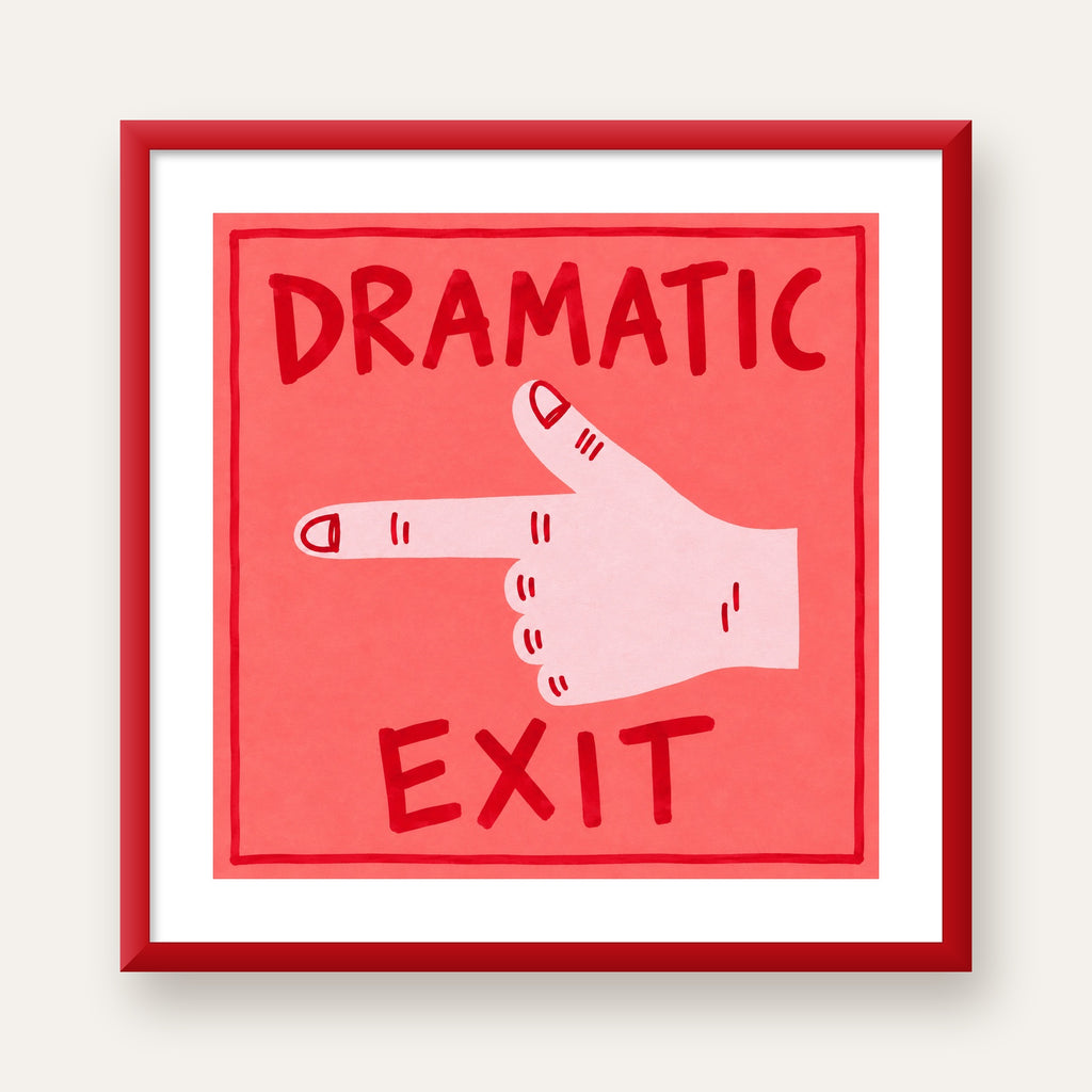Mizahi 'Dramatic Exit' El Çizimi Poster – Modern Duvar Dekoru — kırmızı çerçeveli paspartulu