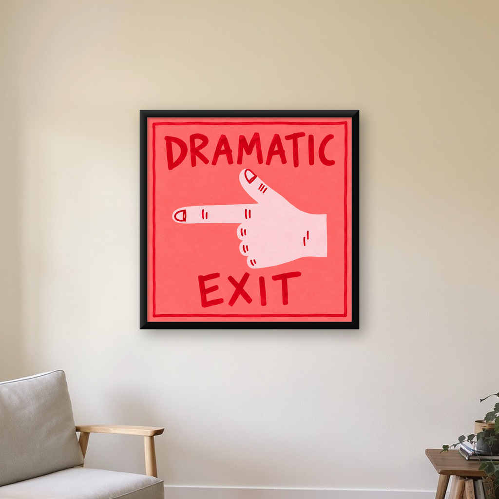 Mizahi 'Dramatic Exit' El Çizimi Poster – Modern Duvar Dekoru — Kare baskı, çerçeveli hâliyle bir ev duvarında