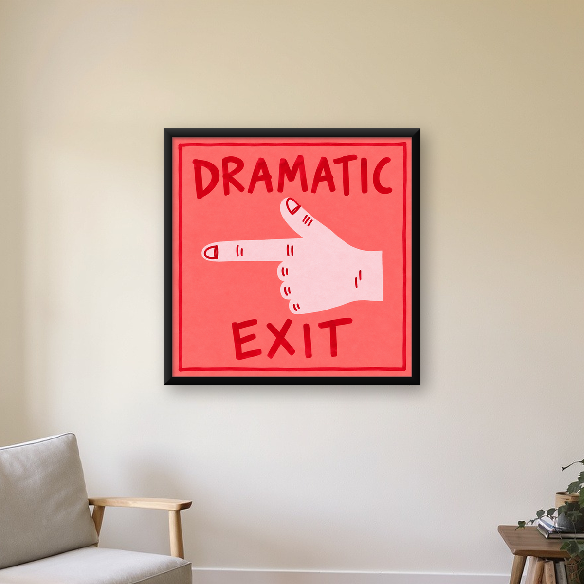 Mizahi 'Dramatic Exit' El Çizimi Poster – Modern Duvar Dekoru — Kare baskı, çerçeveli hâliyle bir ev duvarında