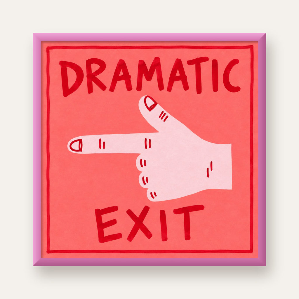 Mizahi 'Dramatic Exit' El Çizimi Poster – Modern Duvar Dekoru — pembe çerçeveli
