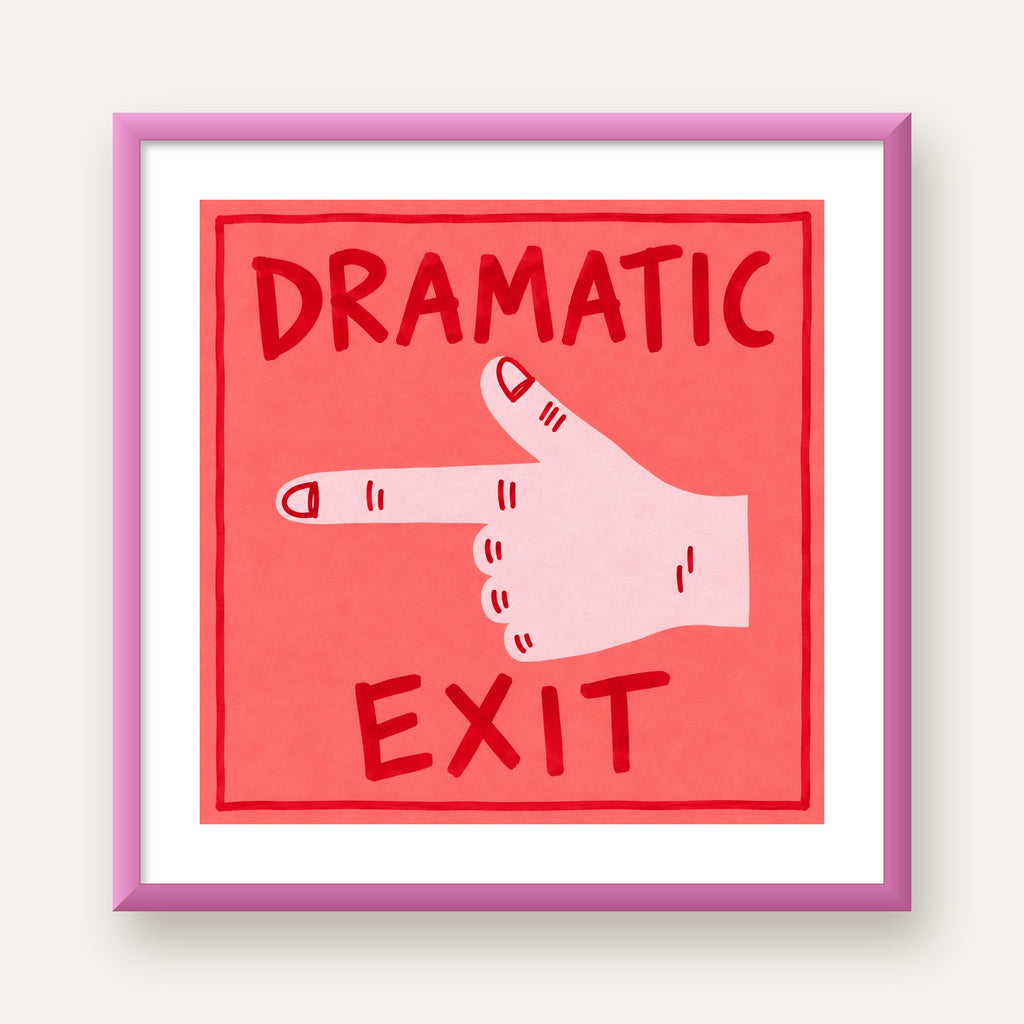 Mizahi 'Dramatic Exit' El Çizimi Poster – Modern Duvar Dekoru — pembe çerçeveli paspartulu