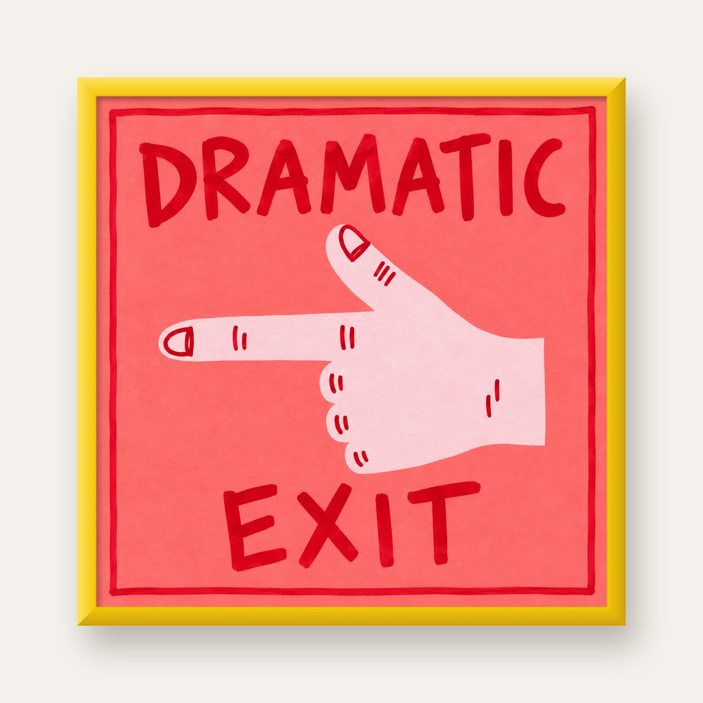 Mizahi 'Dramatic Exit' El Çizimi Poster – Modern Duvar Dekoru — sarı çerçeveli