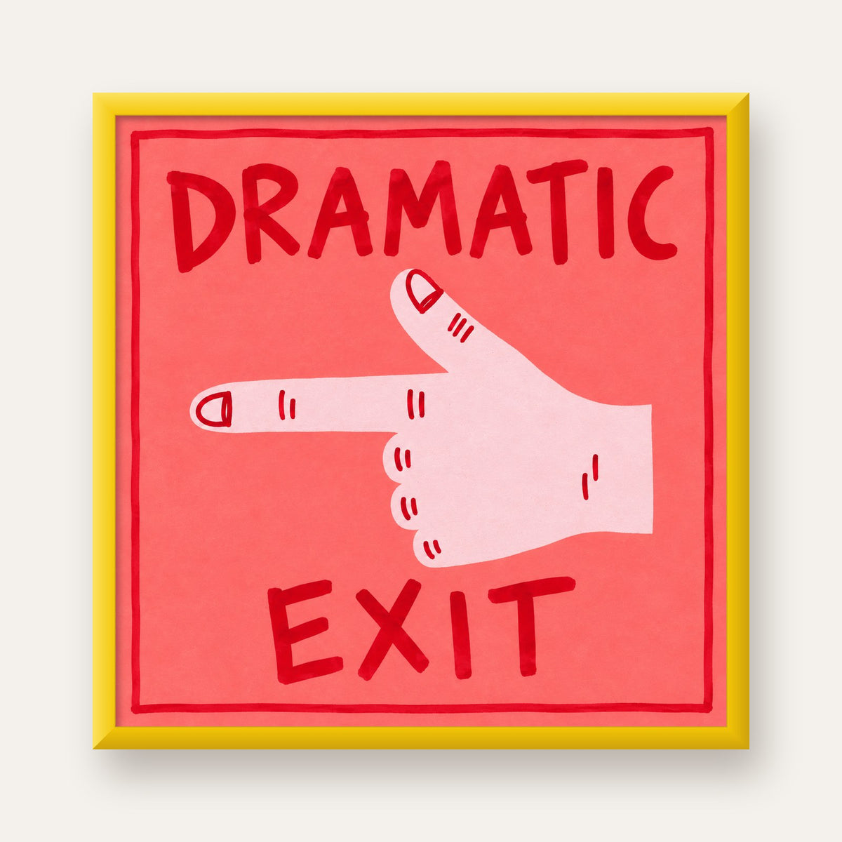 Mizahi 'Dramatic Exit' El Çizimi Poster – Modern Duvar Dekoru — sarı çerçeveli