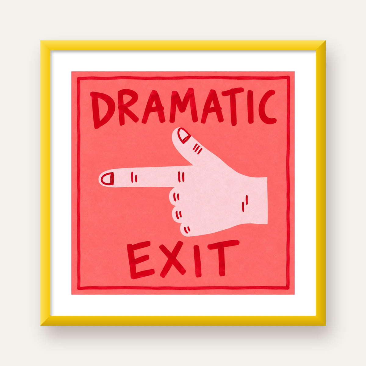 Mizahi 'Dramatic Exit' El Çizimi Poster – Modern Duvar Dekoru — sarı çerçeveli paspartulu