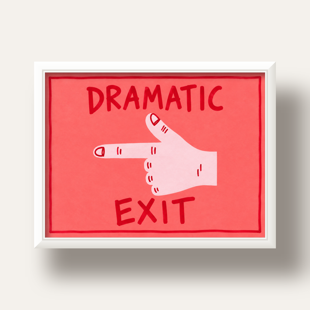Mizahi 'Dramatic Exit' El Çizimi Poster – Modern Duvar Dekoru — beyaz derin çerçeveli