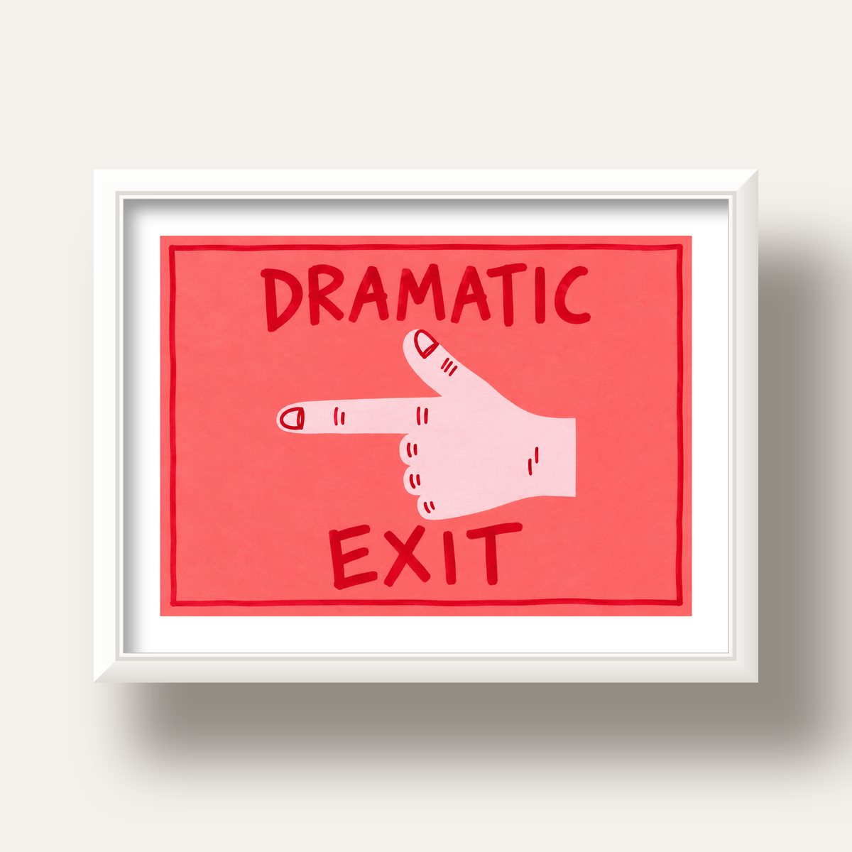 Mizahi 'Dramatic Exit' El Çizimi Poster – Modern Duvar Dekoru — beyaz derin çerçeveli paspartulu