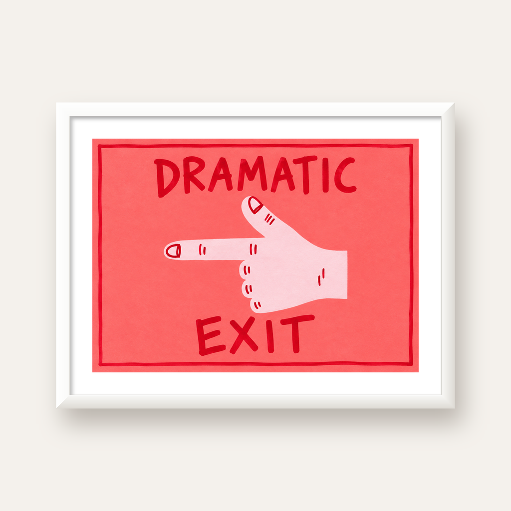 Mizahi 'Dramatic Exit' El Çizimi Poster – Modern Duvar Dekoru — beyaz çerçeveli yatay poster