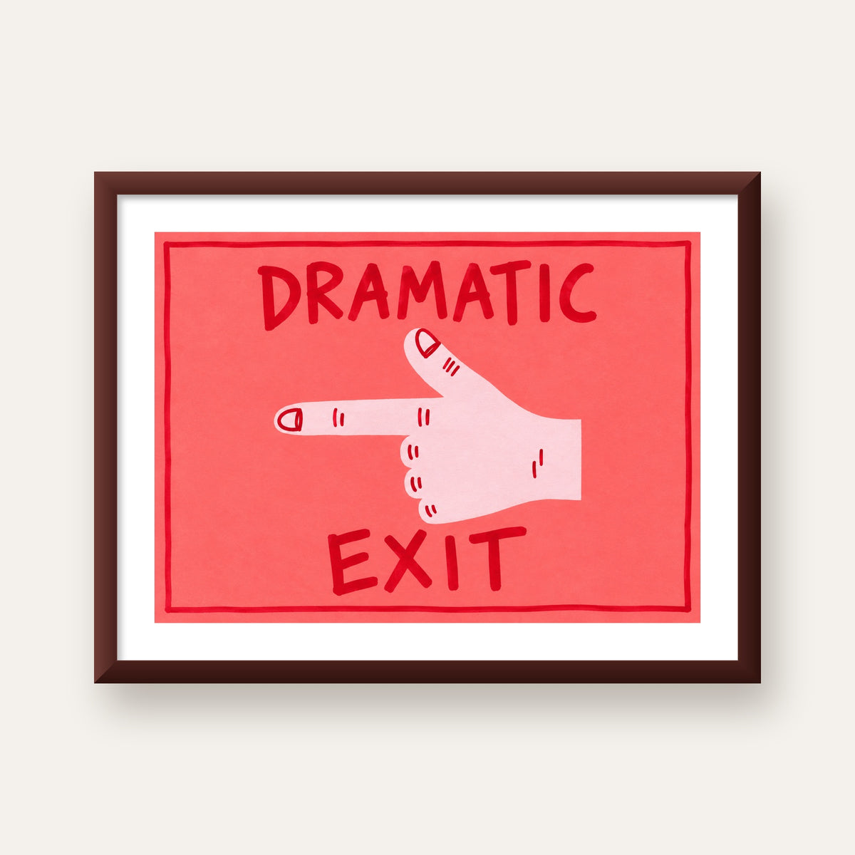 Mizahi 'Dramatic Exit' El Çizimi Poster – Modern Duvar Dekoru — ceviz çerçeveli paspartulu