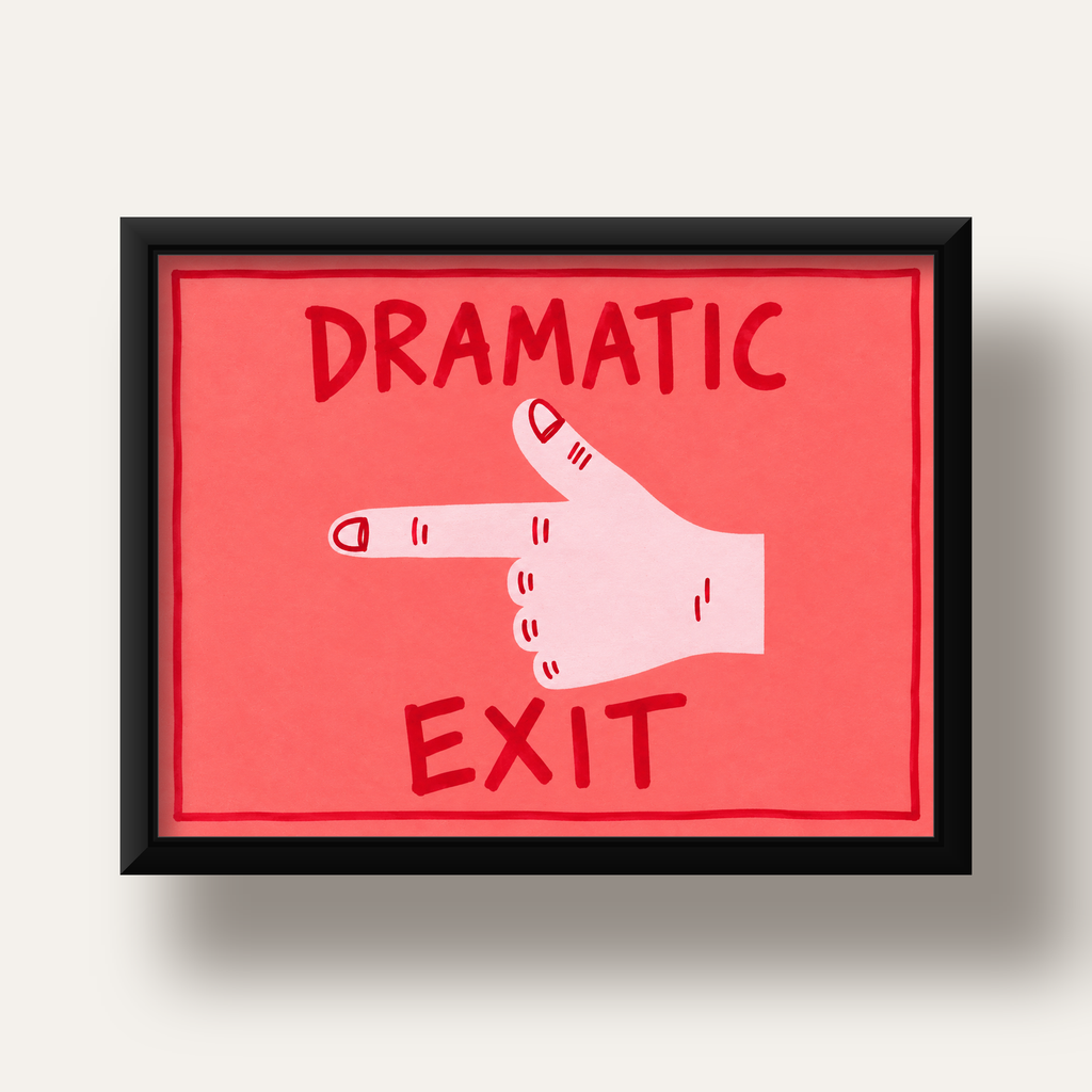 Mizahi 'Dramatic Exit' El Çizimi Poster – Modern Duvar Dekoru — siyah derin çerçeveli