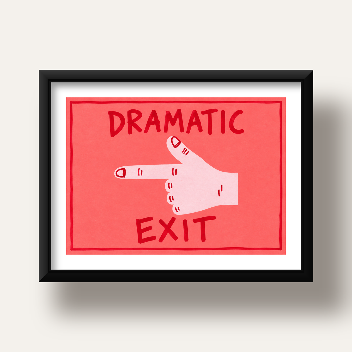 Mizahi 'Dramatic Exit' El Çizimi Poster – Modern Duvar Dekoru — siyah derin çerçeveli paspartulu