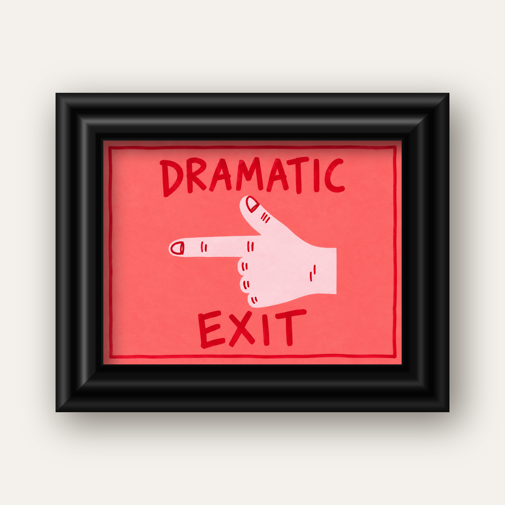 Mizahi 'Dramatic Exit' El Çizimi Poster – Modern Duvar Dekoru — siyah galeri çerçeveli