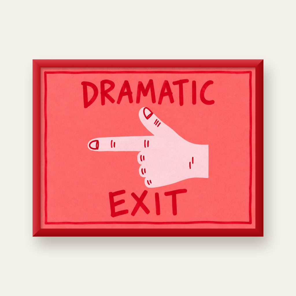 Mizahi 'Dramatic Exit' El Çizimi Poster – Modern Duvar Dekoru — kırmızı çerçeveli