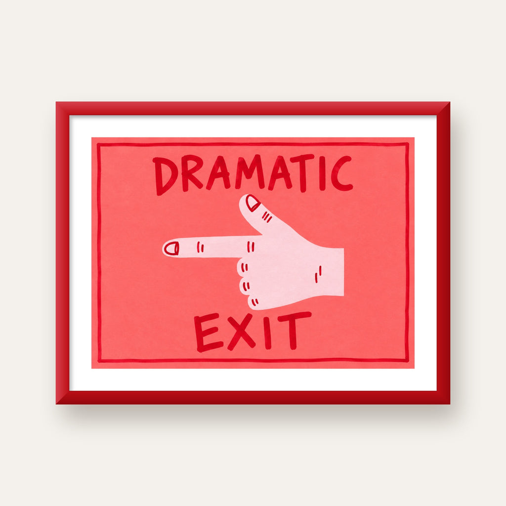 Mizahi 'Dramatic Exit' El Çizimi Poster – Modern Duvar Dekoru — kırmızı çerçeveli paspartulu