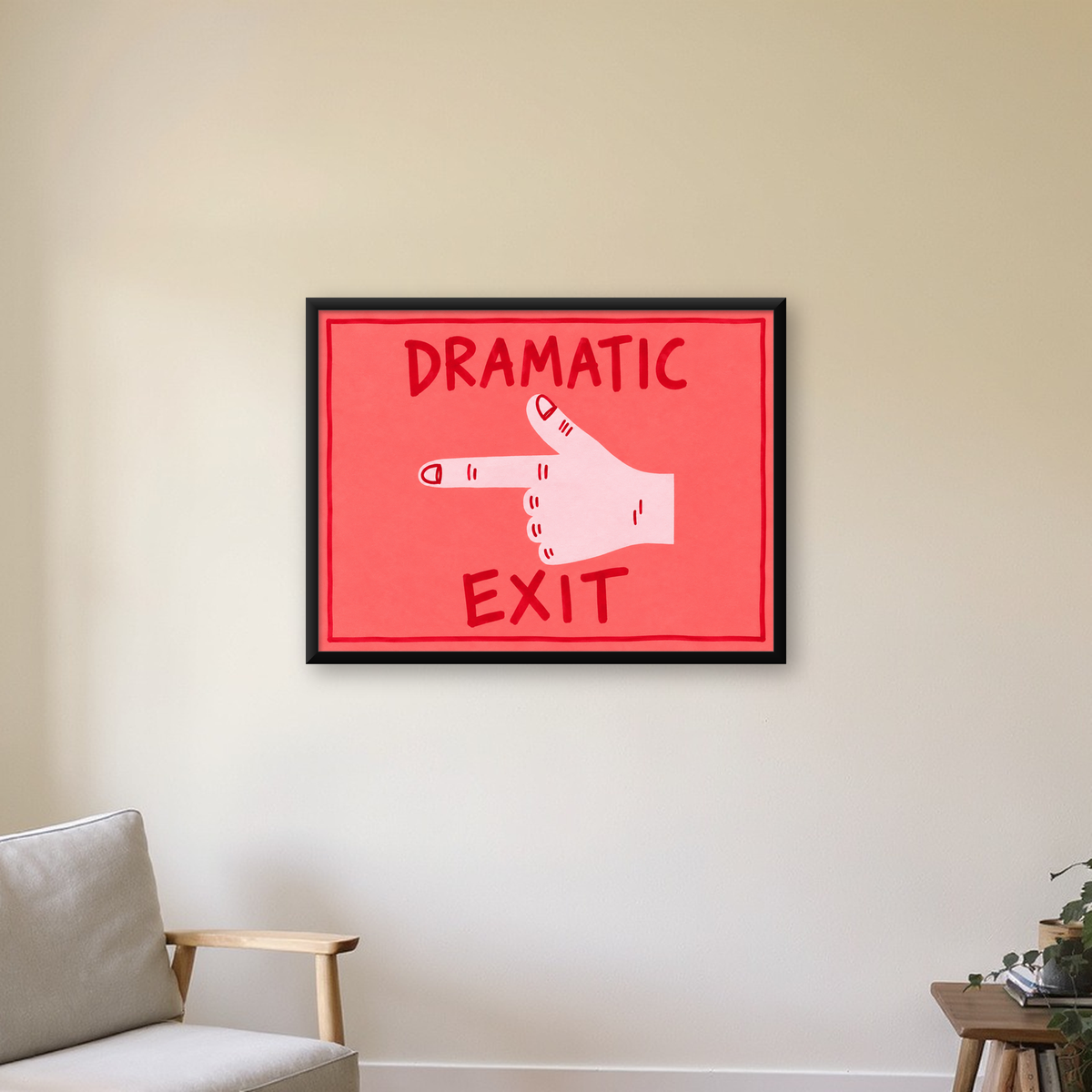 Mizahi 'Dramatic Exit' El Çizimi Poster – Modern Duvar Dekoru — Yatay baskı, çerçeveli hâliyle bir ev duvarında