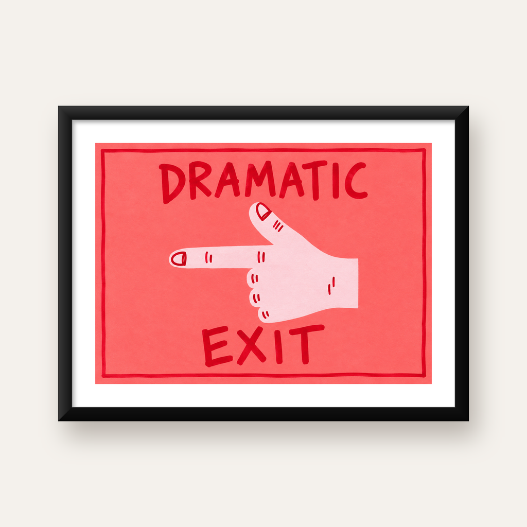 Mizahi 'Dramatic Exit' El Çizimi Poster – Modern Duvar Dekoru — Yatay baskı, beyaz paspartulu