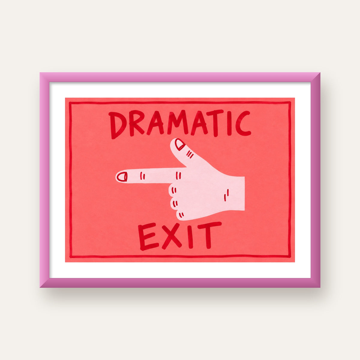 Mizahi 'Dramatic Exit' El Çizimi Poster – Modern Duvar Dekoru — pembe çerçeveli paspartulu