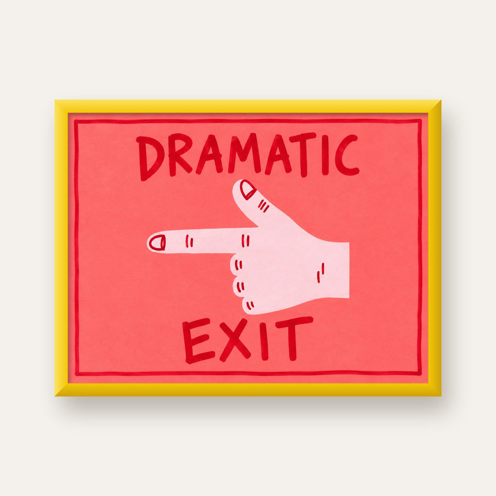 Mizahi 'Dramatic Exit' El Çizimi Poster – Modern Duvar Dekoru — sarı çerçeveli