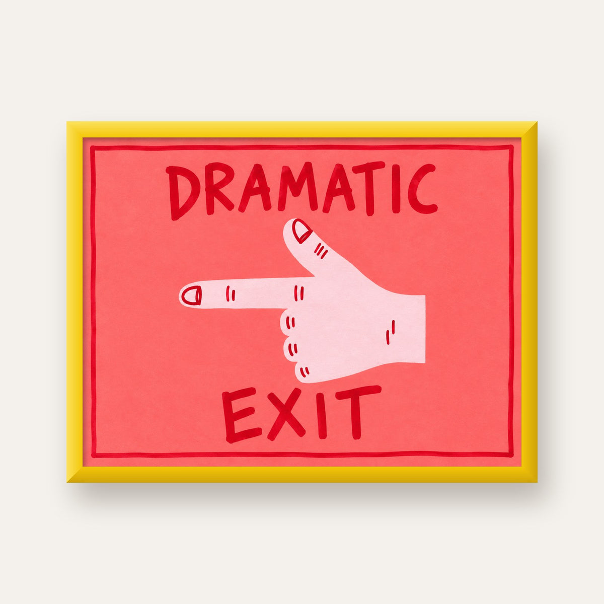 Mizahi 'Dramatic Exit' El Çizimi Poster – Modern Duvar Dekoru — sarı çerçeveli