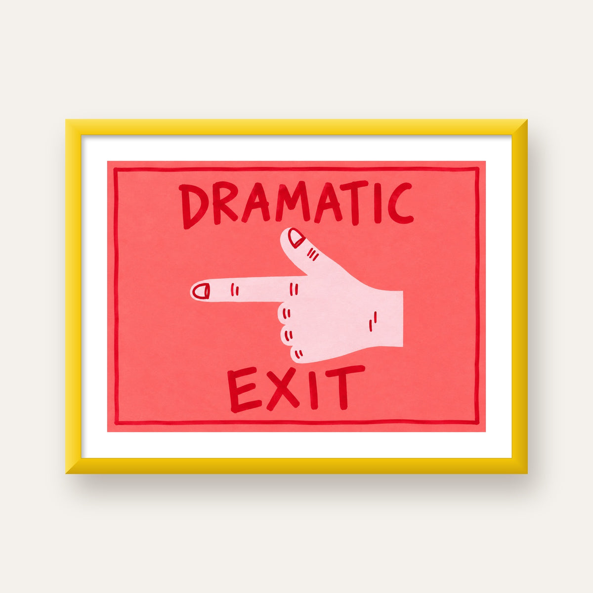 Mizahi 'Dramatic Exit' El Çizimi Poster – Modern Duvar Dekoru — sarı çerçeveli paspartulu