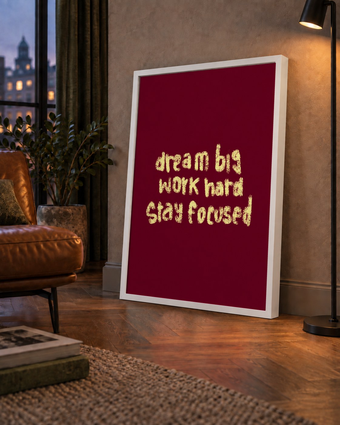 Dream Big Work Hard Motivasyonel Poster - Sade Duvar Dekoru — çerçeveli hâliyle bir ev duvarında