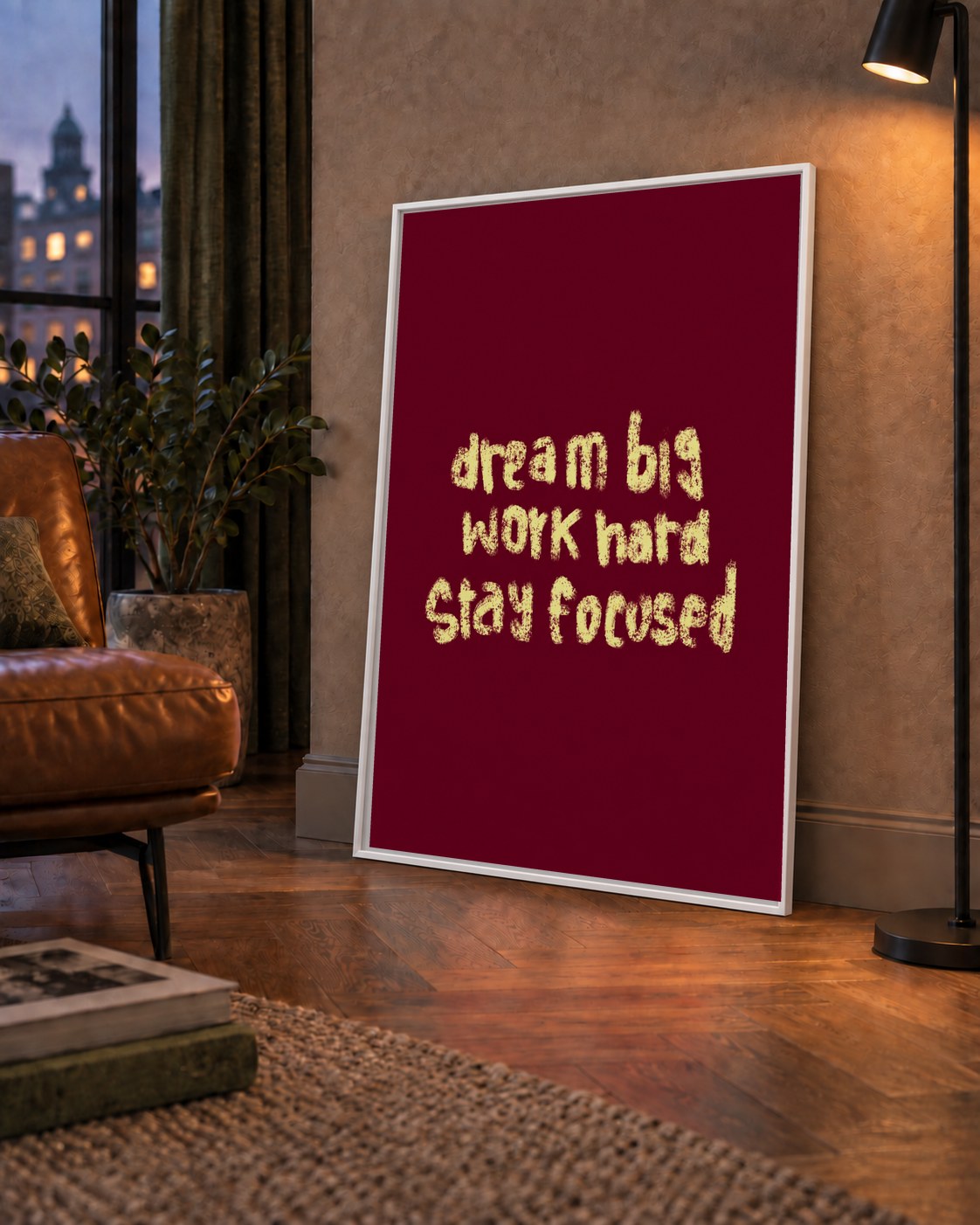 Dream Big Work Hard Motivasyonel Poster - Sade Duvar Dekoru — çerçeveli hâliyle bir ev duvarında