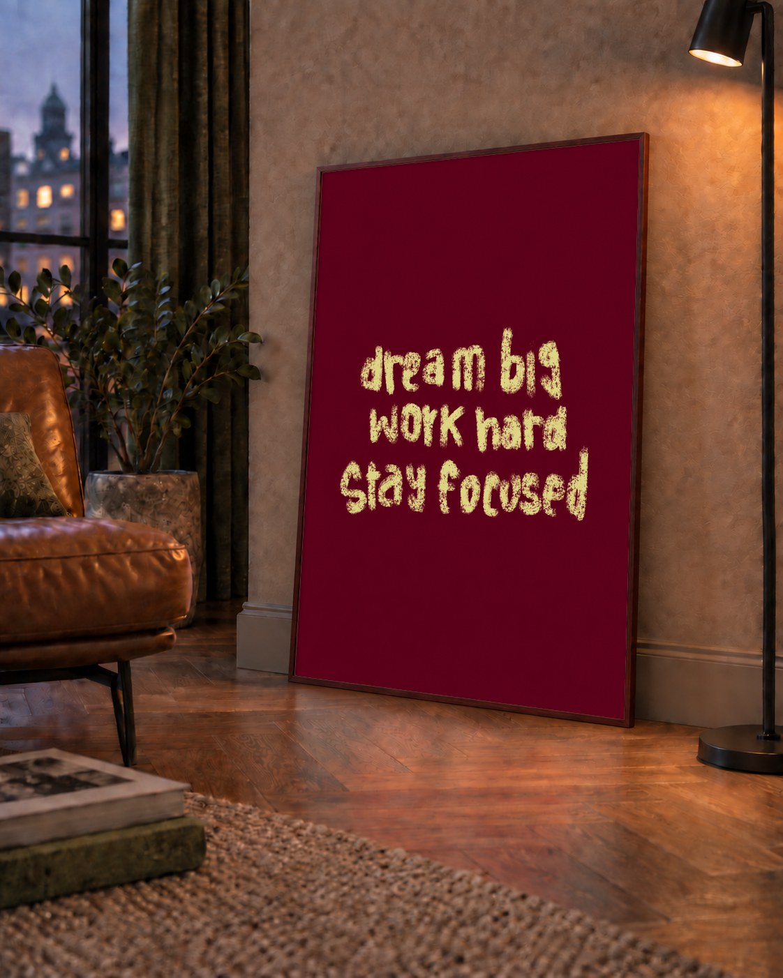 Dream Big Work Hard Motivasyonel Poster - Sade Duvar Dekoru — çerçeveli hâliyle bir ev duvarında