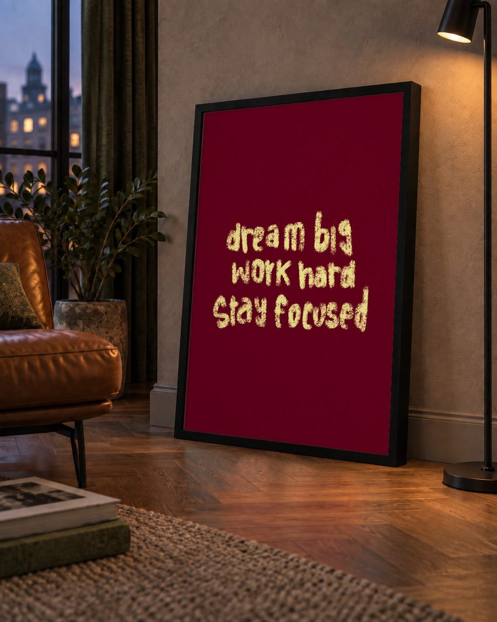 Dream Big Work Hard Motivasyonel Poster - Sade Duvar Dekoru — çerçeveli hâliyle bir ev duvarında