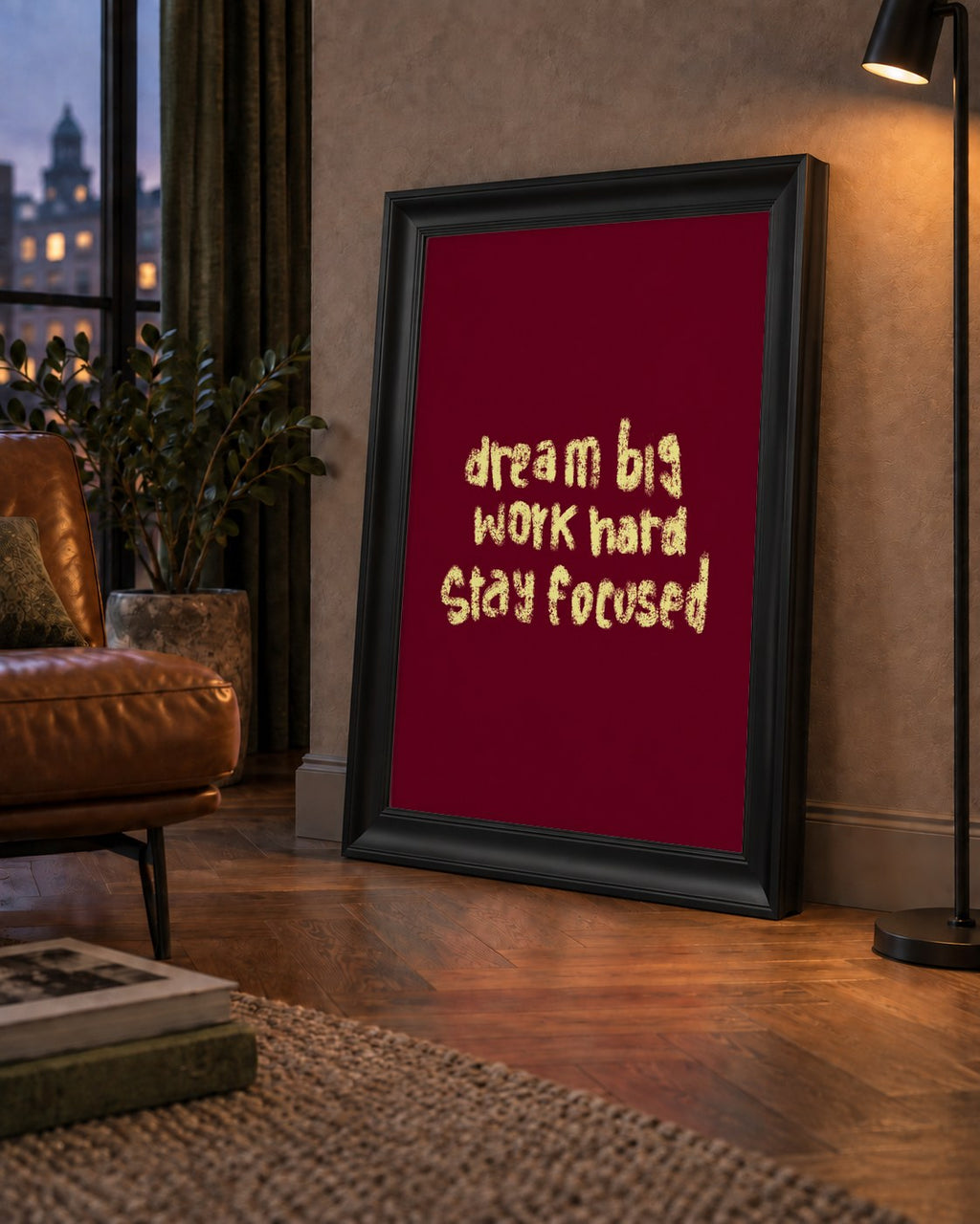 Dream Big Work Hard Motivasyonel Poster - Sade Duvar Dekoru — çerçeveli hâliyle bir ev duvarında