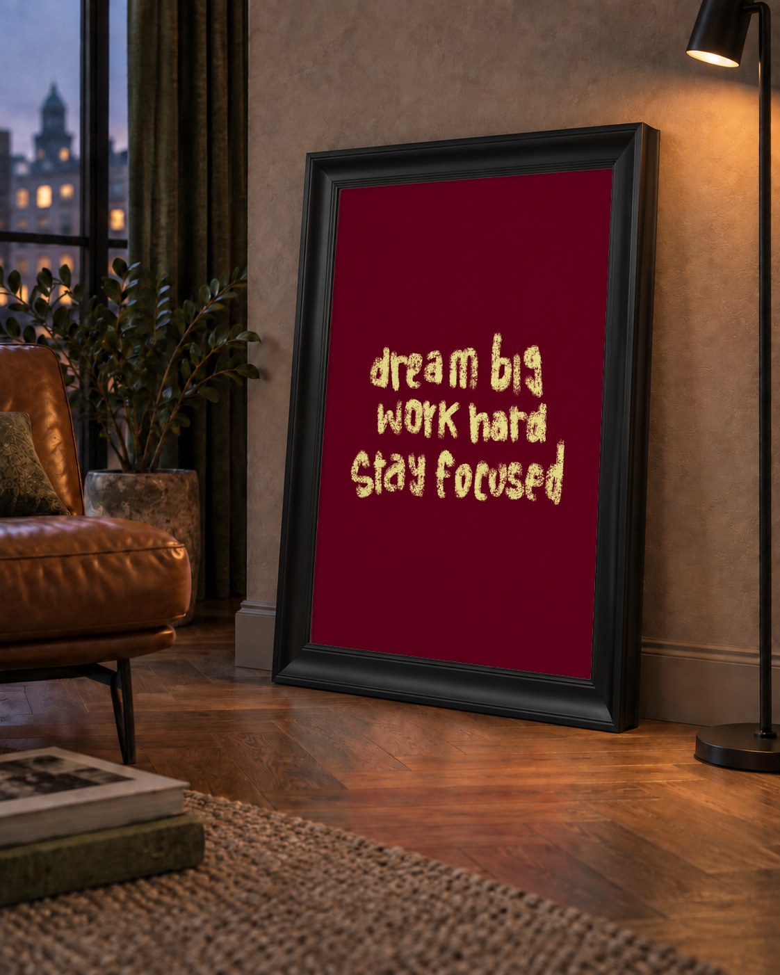 Dream Big Work Hard Motivasyonel Poster - Sade Duvar Dekoru — çerçeveli hâliyle bir ev duvarında
