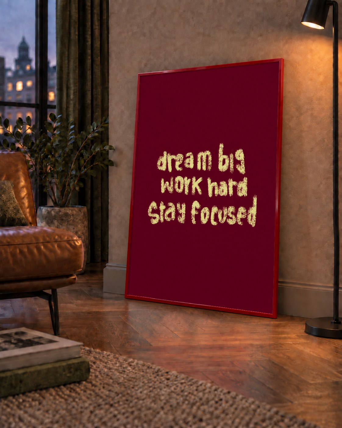 Dream Big Work Hard Motivasyonel Poster - Sade Duvar Dekoru — çerçeveli hâliyle bir ev duvarında