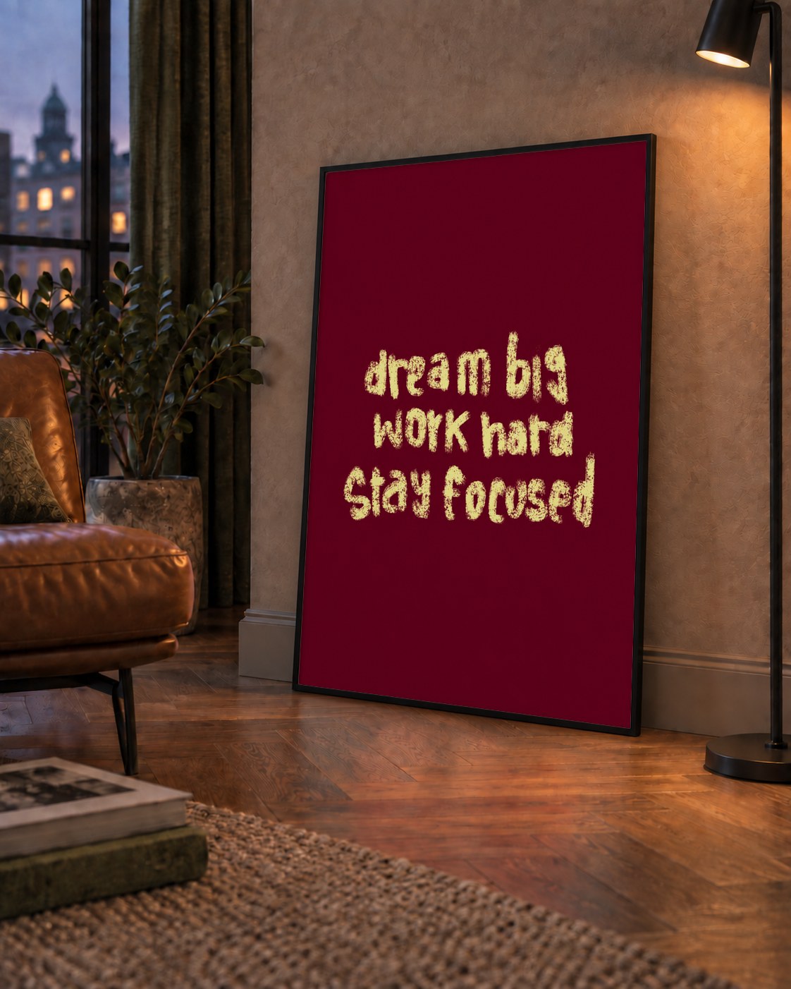 Dream Big Work Hard Motivasyonel Poster - Sade Duvar Dekoru — çerçeveli hâliyle bir ev duvarında