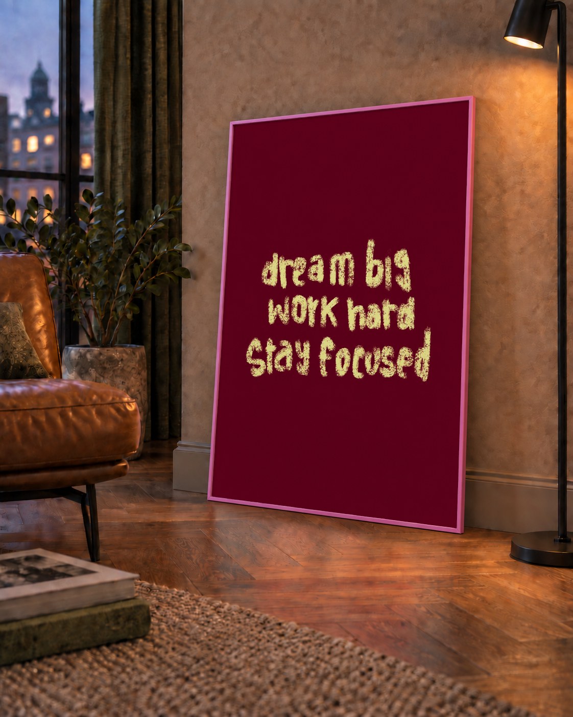 Dream Big Work Hard Motivasyonel Poster - Sade Duvar Dekoru — çerçeveli hâliyle bir ev duvarında