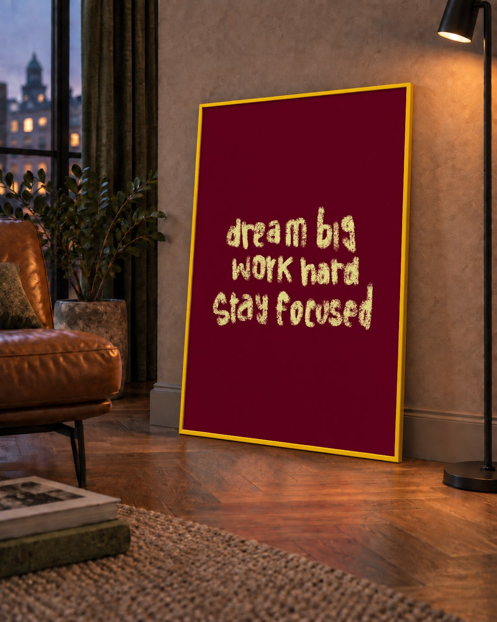 Dream Big Work Hard Motivasyonel Poster - Sade Duvar Dekoru — çerçeveli hâliyle bir ev duvarında