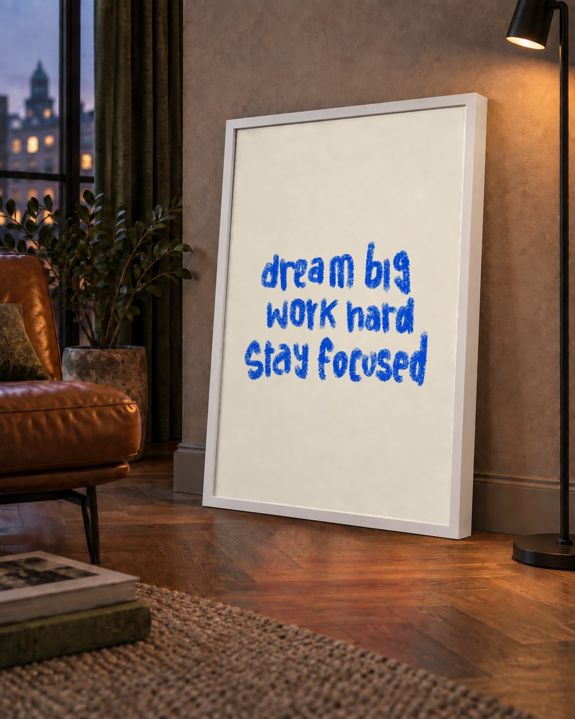 Dream Big Work Hard Poster – İlham Verici Modern Duvar Yazısı — çerçeveli hâliyle bir ev duvarında