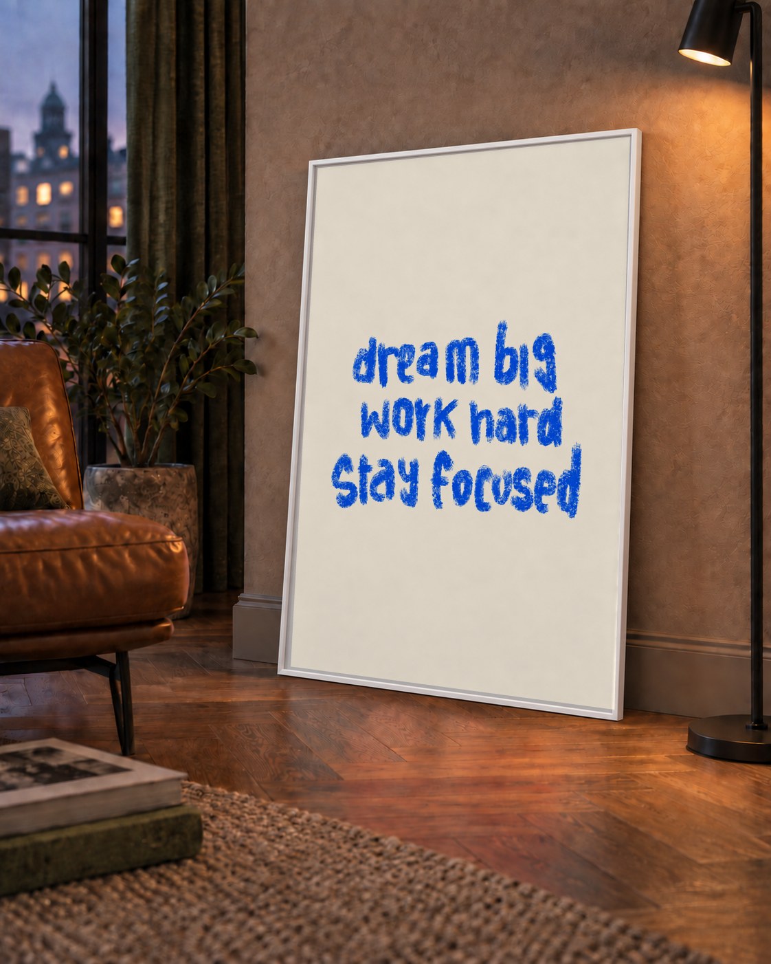 Dream Big Work Hard Poster – İlham Verici Modern Duvar Yazısı — çerçeveli hâliyle bir ev duvarında