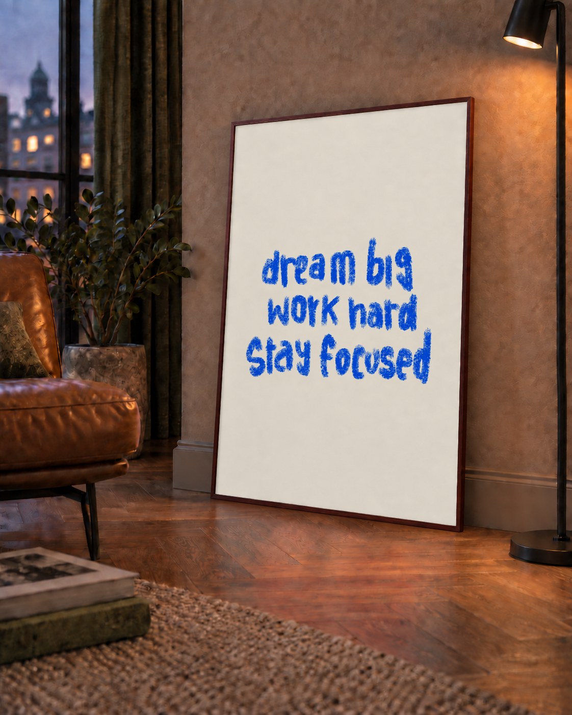 Dream Big Work Hard Poster – İlham Verici Modern Duvar Yazısı — çerçeveli hâliyle bir ev duvarında