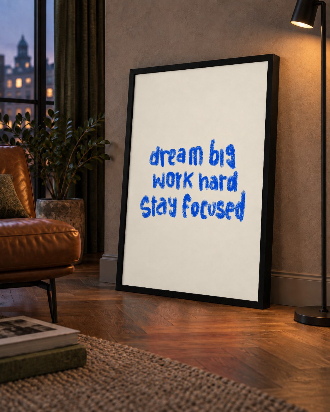 Dream Big Work Hard Poster – İlham Verici Modern Duvar Yazısı — çerçeveli hâliyle bir ev duvarında