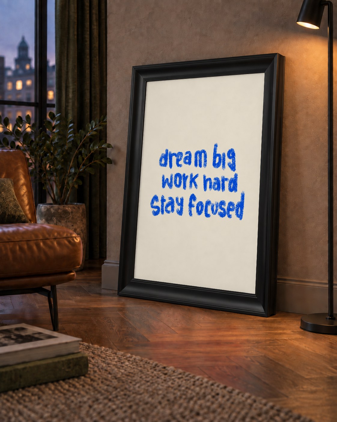 Dream Big Work Hard Poster – İlham Verici Modern Duvar Yazısı — çerçeveli hâliyle bir ev duvarında